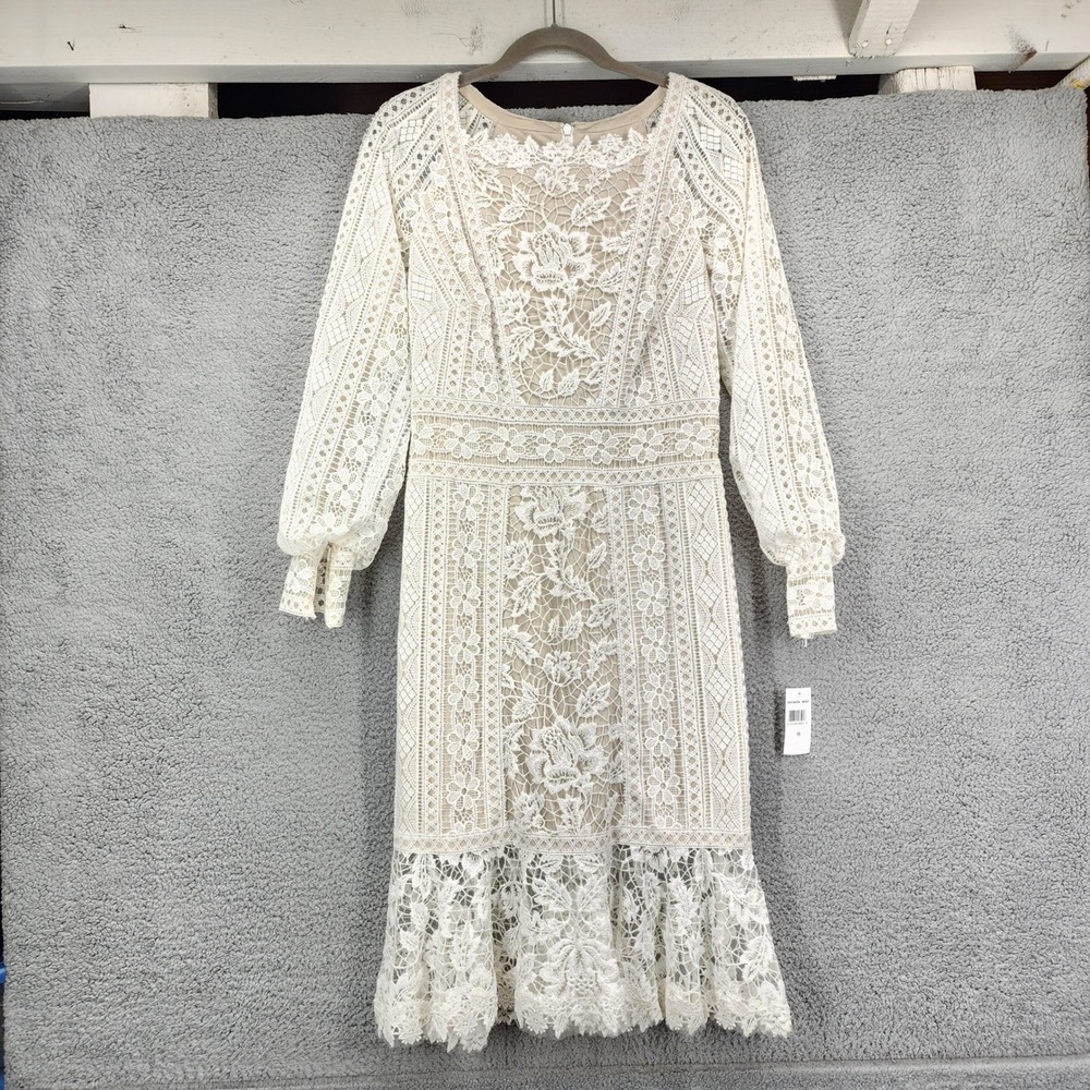 Tadashi Shoji Ivory Lace Long Sleeve Flounce Hem Dress BDO18667M Size 10 NWT
